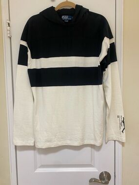 Ralph Lauren Navy and Cream Striped Hooded Rugby Long Sleeve Shirt.
